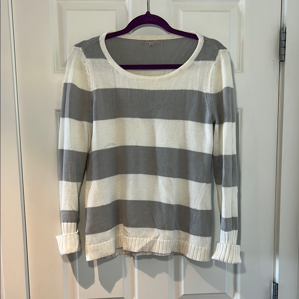 GAP Gray and White Striped Crew Neck Sweater